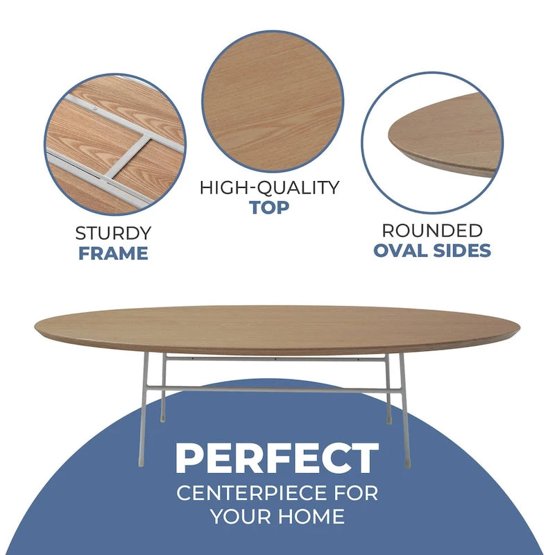 Table Basse Ovale Moderne d'Appoint avec Piètement en Acier Thermolaqué Blanc pour Bureau Domicile Salon Chambre à Coucher