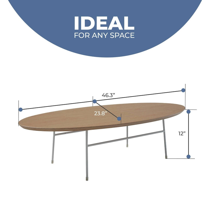 Table Basse Ovale Moderne d'Appoint avec Piètement en Acier Thermolaqué Blanc pour Bureau Domicile Salon Chambre à Coucher