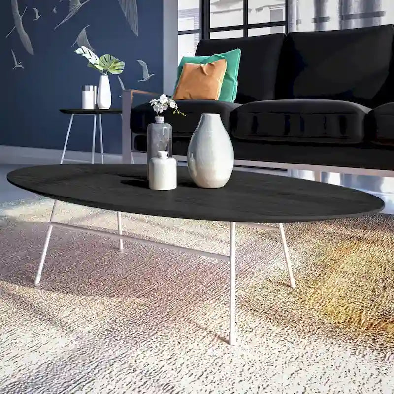 Table Basse Ovale Moderne d'Appoint avec Piètement en Acier Thermolaqué Blanc pour Bureau Domicile Salon Chambre à Coucher