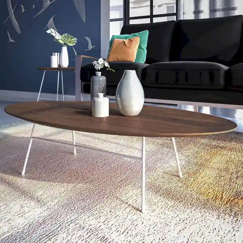 Table Basse Ovale Moderne d'Appoint avec Piètement en Acier Thermolaqué Blanc pour Bureau Domicile Salon Chambre à Coucher