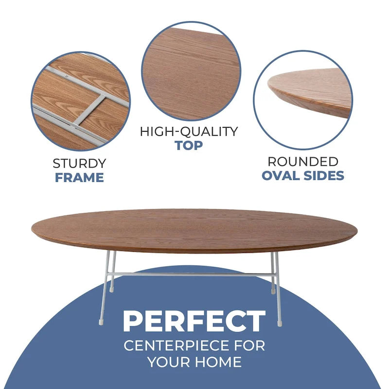 Table Basse Ovale Moderne d'Appoint avec Piètement en Acier Thermolaqué Blanc pour Bureau Domicile Salon Chambre à Coucher