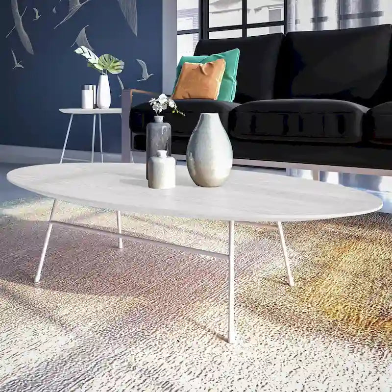 Table Basse Ovale Moderne d'Appoint avec Piètement en Acier Thermolaqué Blanc pour Bureau Domicile Salon Chambre à Coucher