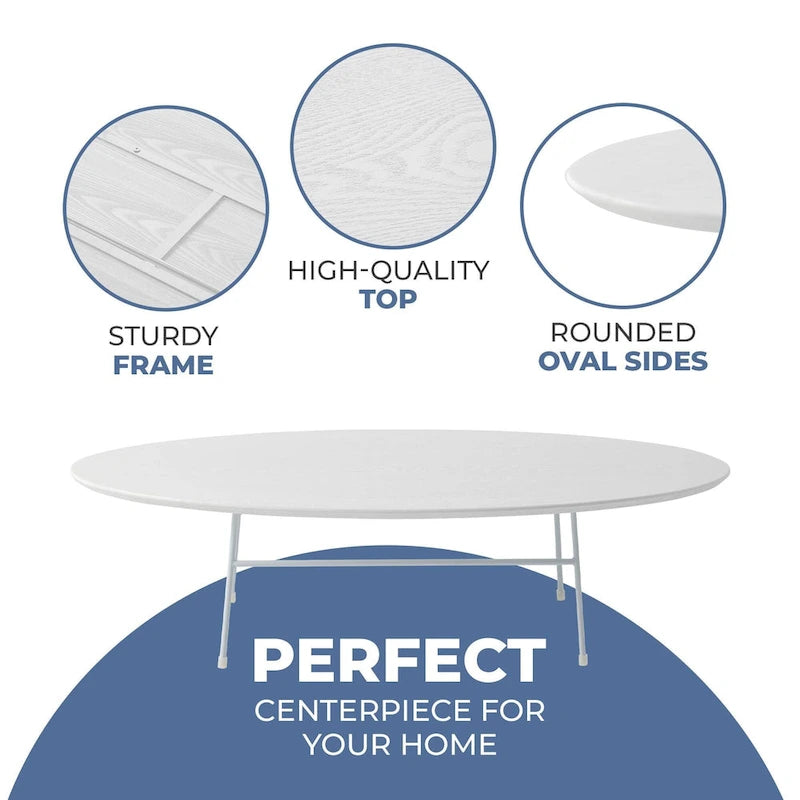 Table Basse Ovale Moderne d'Appoint avec Piètement en Acier Thermolaqué Blanc pour Bureau Domicile Salon Chambre à Coucher