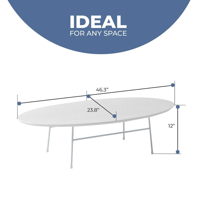 Table Basse Ovale Moderne d'Appoint avec Piètement en Acier Thermolaqué Blanc pour Bureau Domicile Salon Chambre à Coucher