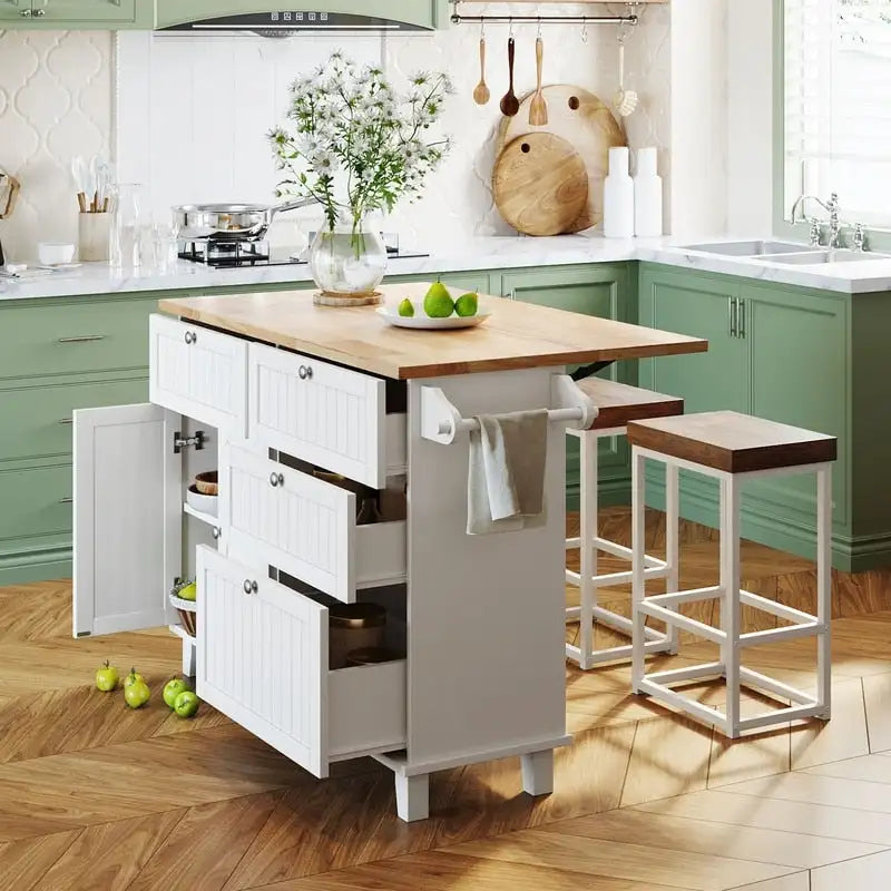 Kitchen Island Set with Drop Leaf and 2 Seatings