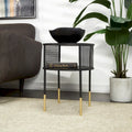 Table d'appoint ou table basse à structure géométrique ouverte en métal avec 1 étagère et pieds dorés