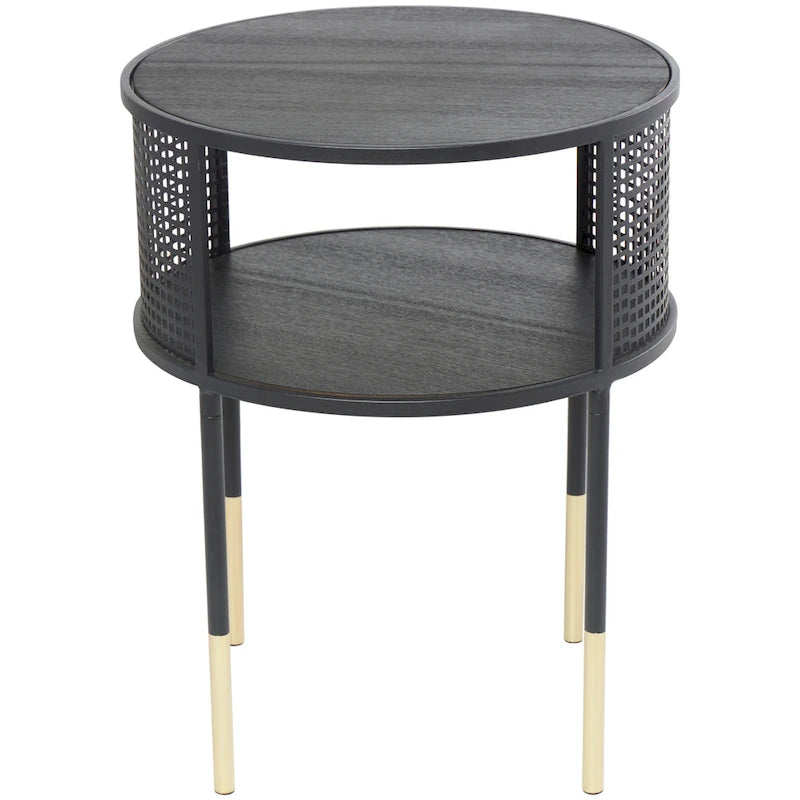 Table d'appoint ou table basse à structure géométrique ouverte en métal avec 1 étagère et pieds dorés