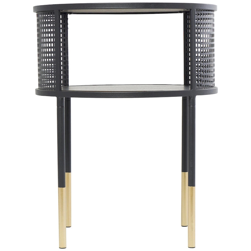 Table d'appoint ou table basse à structure géométrique ouverte en métal avec 1 étagère et pieds dorés