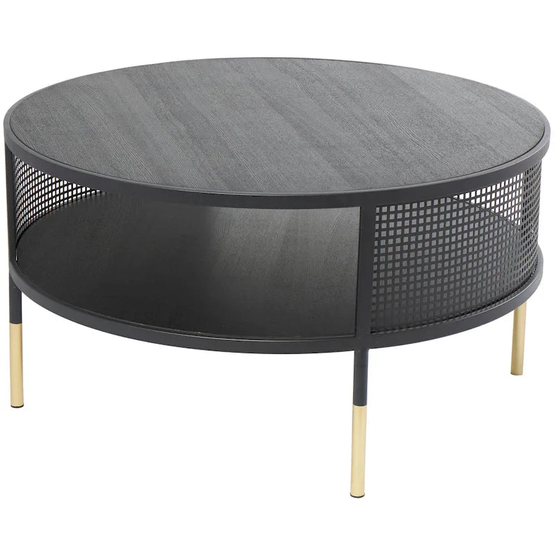 Table d'appoint ou table basse à structure géométrique ouverte en métal avec 1 étagère et pieds dorés