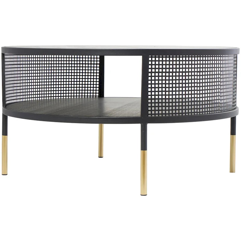 Table d'appoint ou table basse à structure géométrique ouverte en métal avec 1 étagère et pieds dorés