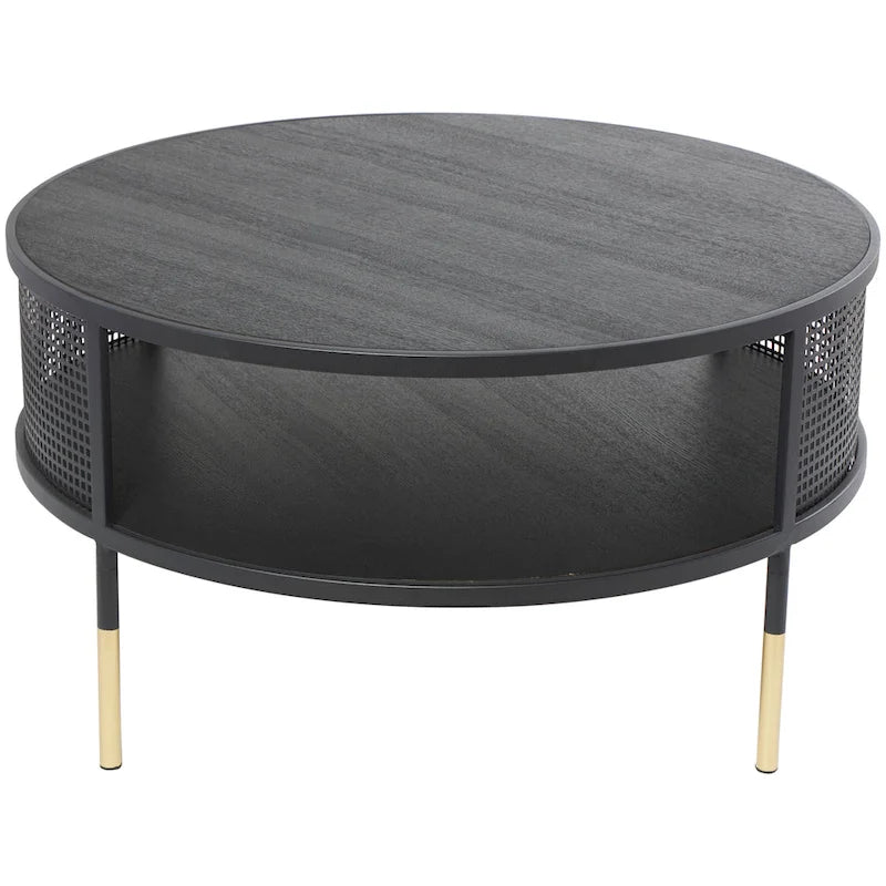 Table d'appoint ou table basse à structure géométrique ouverte en métal avec 1 étagère et pieds dorés
