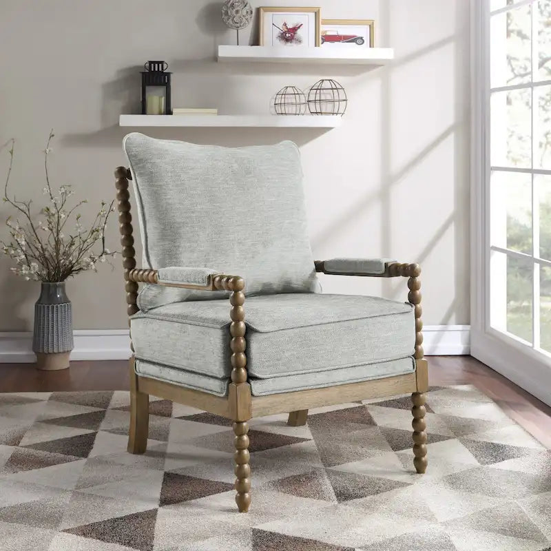 Chaise à fuseaux en tissu avec finition charbon brossé