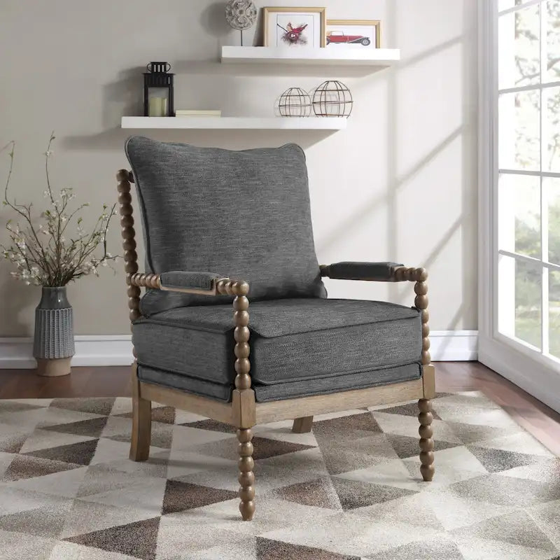 Chaise à fuseaux en tissu avec finition charbon brossé