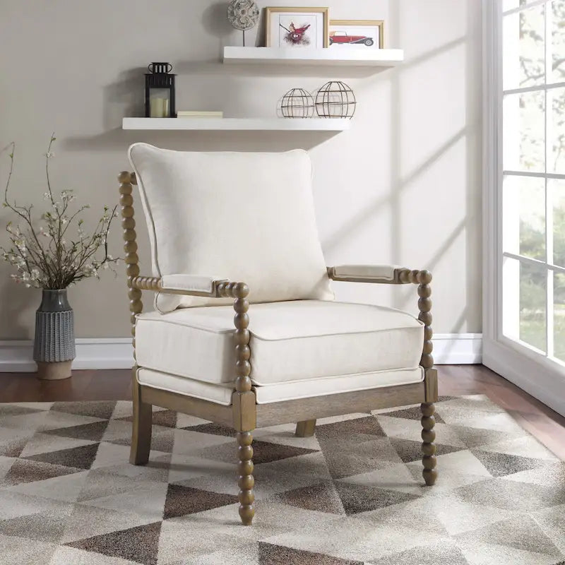 Chaise à fuseaux en tissu avec finition charbon brossé