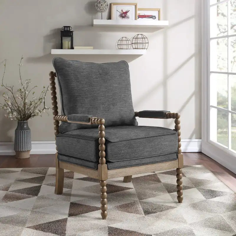 Chaise à fuseaux en tissu avec finition charbon brossé