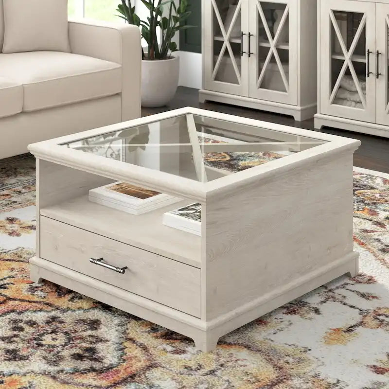 Table basse de ferme en verre avec rangement