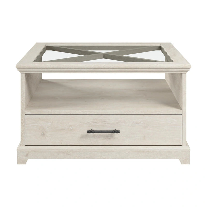 Table basse de ferme en verre avec rangement