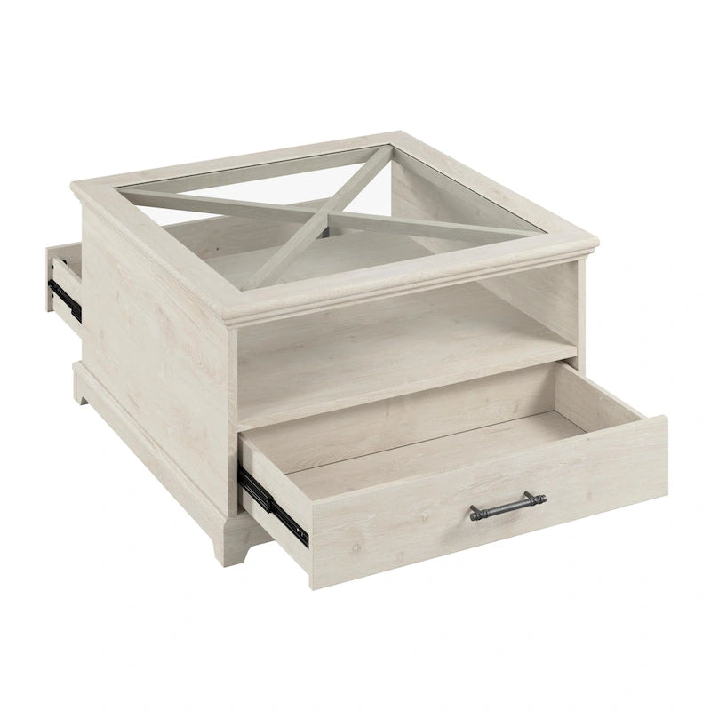 Table basse de ferme en verre avec rangement