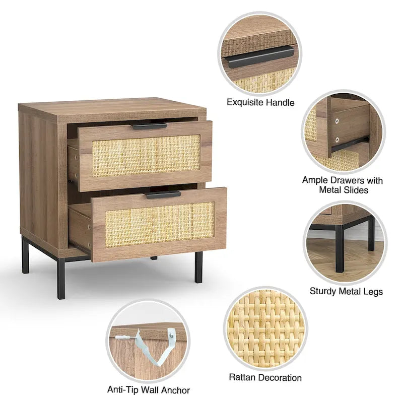 Table de Chevet 2 Tiroirs en Bois et Rotin Style Ferme pour Chambre à Coucher