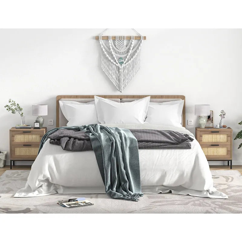 Table de Chevet 2 Tiroirs en Bois et Rotin Style Ferme pour Chambre à Coucher