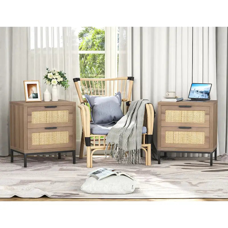 Table de Chevet 2 Tiroirs en Bois et Rotin Style Ferme pour Chambre à Coucher