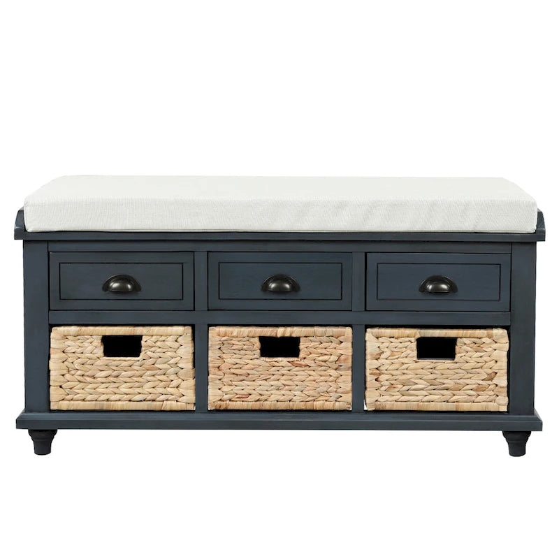 Banc de rangement rustique avec 3 tiroirs et 3 paniers en rotin, banc à chaussures pour salon, entrée