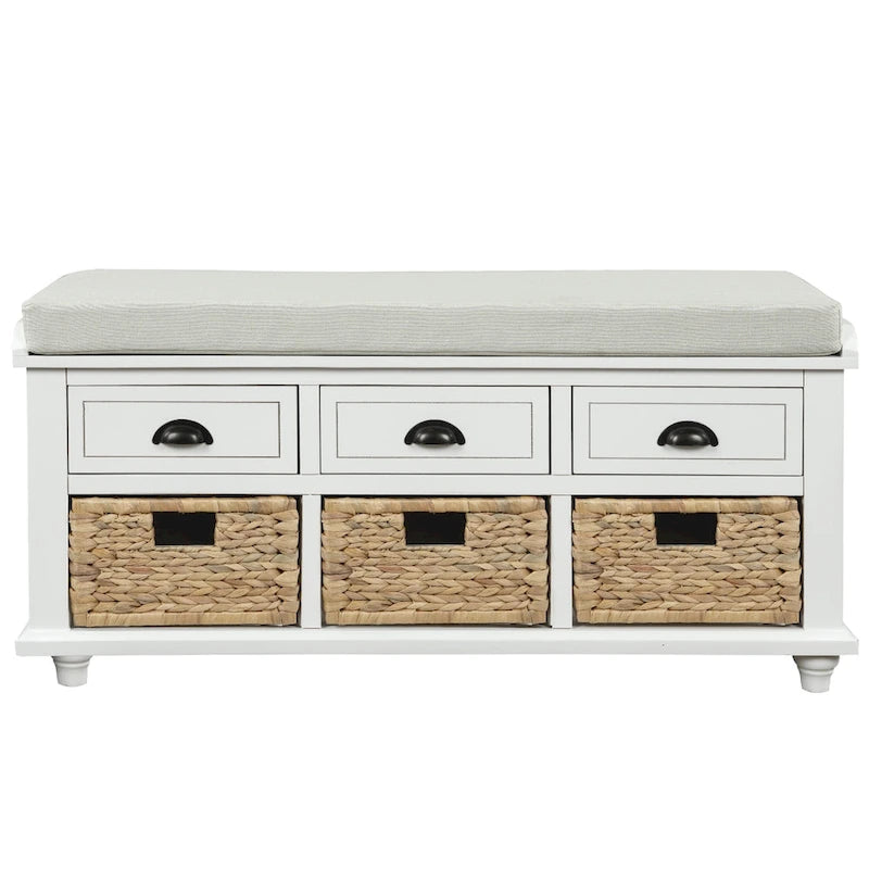 Banc de rangement rustique avec 3 tiroirs et 3 paniers en rotin, banc à chaussures pour salon, entrée