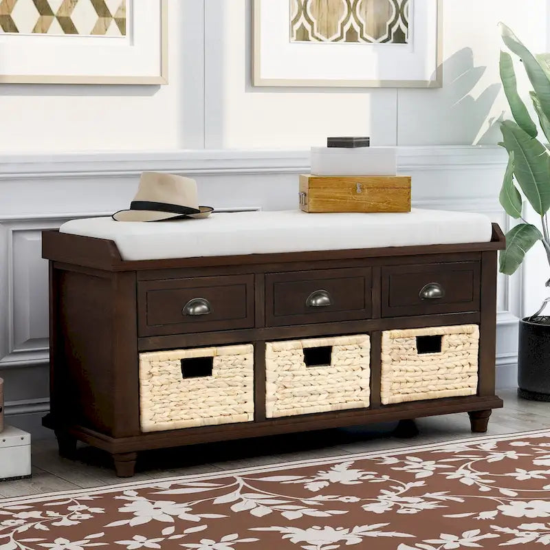 Banc de rangement rustique avec 3 tiroirs et 3 paniers en rotin, banc à chaussures pour salon, entrée